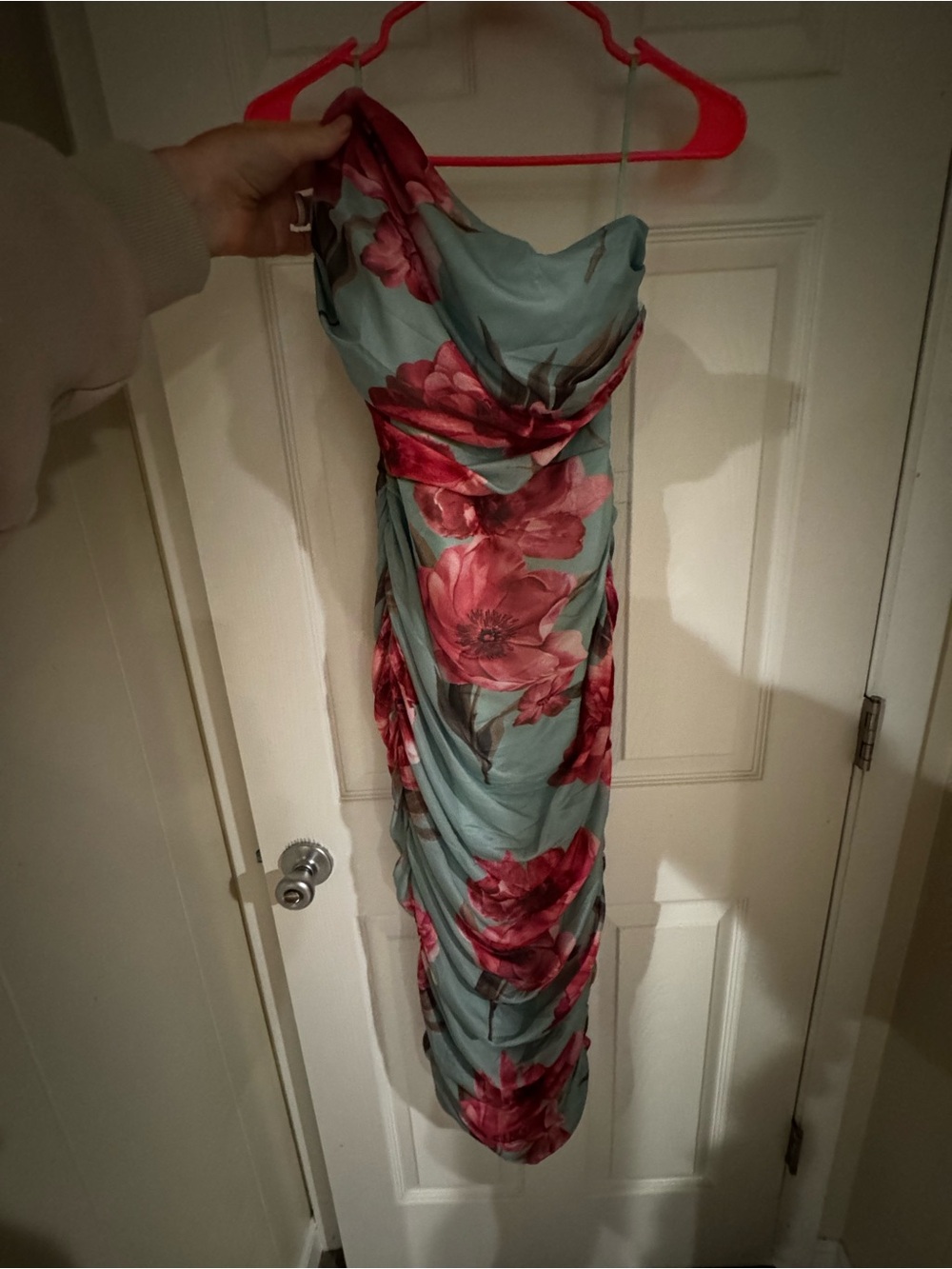 Floral Draped Strapless Maxi Dress in Sage and Rose